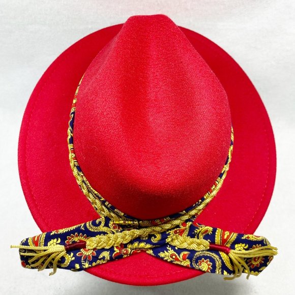 Custom Red Fedora with Gold Braid & Paisley Scarf Detail NWT main image 13